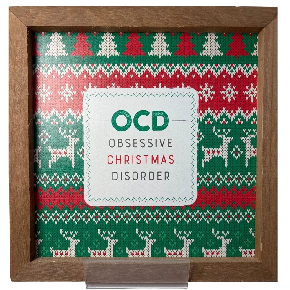 OCD Obsessive Christmas Disorder Wood Framed Sign Holiday Decor 7x7 Reindeer